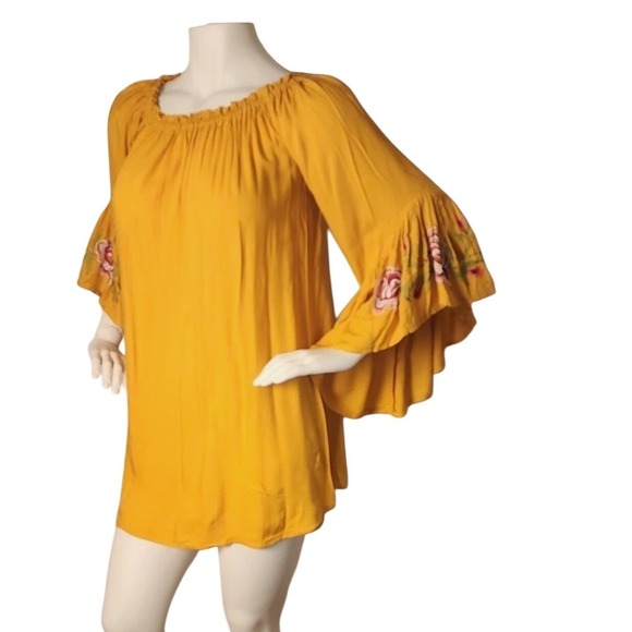 feathers Tops - Feathers Mustard Yellow Floral Embroidered Bell Sleeve Off Shoulder Blouse XL